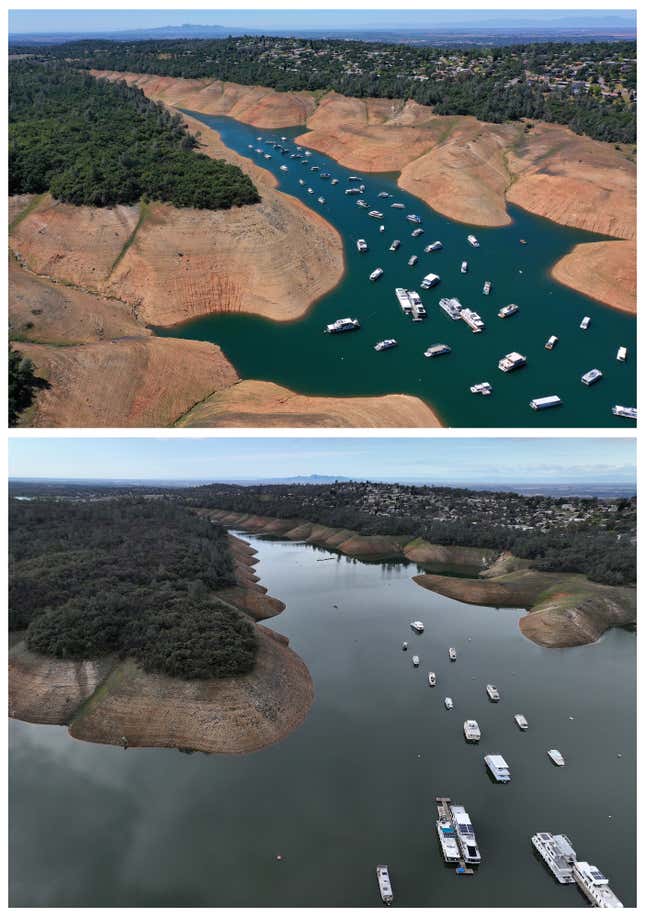 Lake Oroville, April 2021 (top) vs February 2023 (bottom).