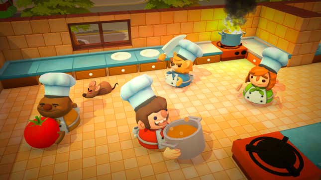 The characters of Overcooked in the kitchen.