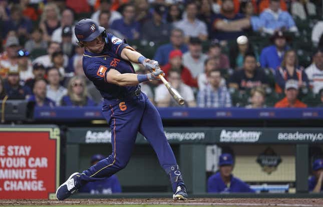 Apr 17, 2023; Houston, Texas, USA; Houston Astros center fielder Jake Meyers (6) hits a home run during the first inning against the Toronto Blue Jays at Minute Maid Park.