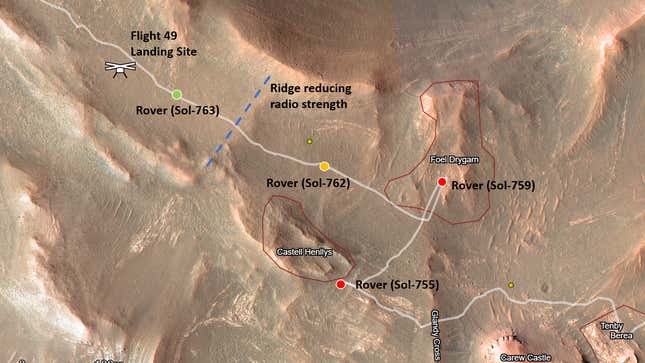 A graphic showing Ingenuity's location and Perseverance's path near the uncommunicative rotorcraft.