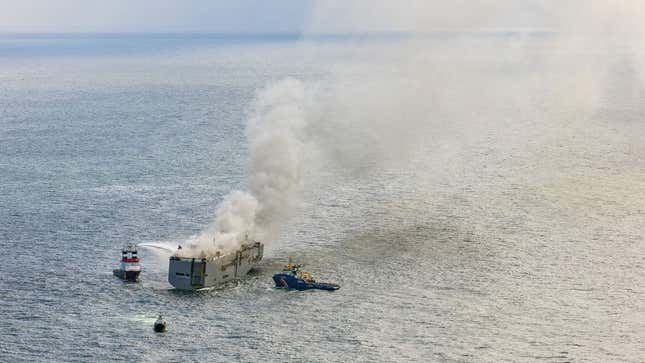 A photo of a burning cargo ship in the North Sea 