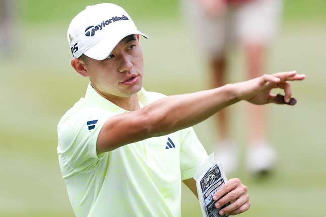 PGA Tour player Collin Morikawa points down the fairway after teeing off on the first hole during the third round of the FedEx St. Jude Championship at TPC Southwind in Memphis, Tenn., on Saturday, August 12, 2023.