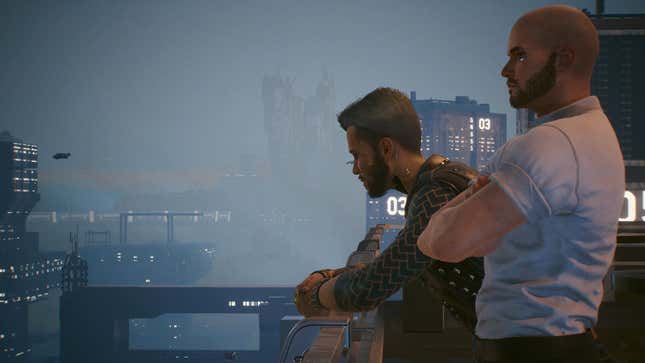 V and Kerry are seen looking out on Night City from a high balcony.