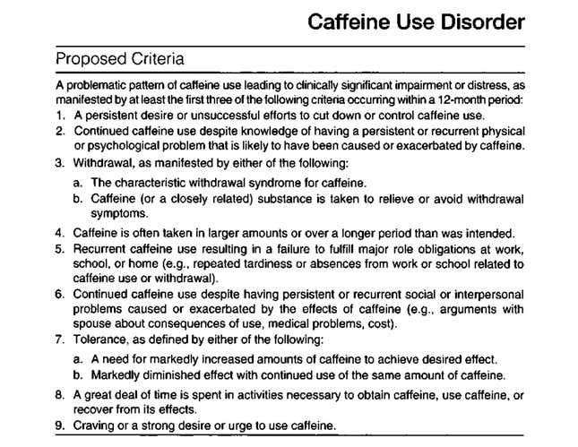 The proposal for “Caffeine use disorder” in the DSM-5, where it’s included as a possible diagnosis that demands further study.