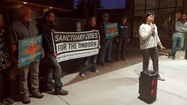Anti-abortion activists rally in support of a “sanctuary city” ordinance to ban abortion in Hobbs, New Mexico.