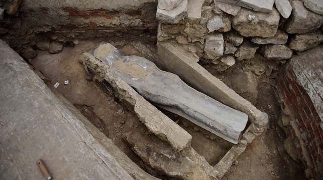A lead sarcophagus discovered underneath the floor of Notre Dame de Paris.