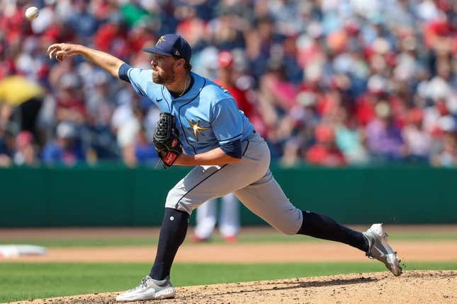 Mar 7, 2023; Clearwater, Florida, USA;  Tampa Bay Rays pitcher Heath Hembree (53) throws a pitch against the Philadelphia Phillies in the fourth inning during spring training at BayCare Ballpark.