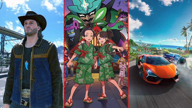 Sam from Starfield, some kids from Pokemon, and cars from The Crew are arranged in a composite image.