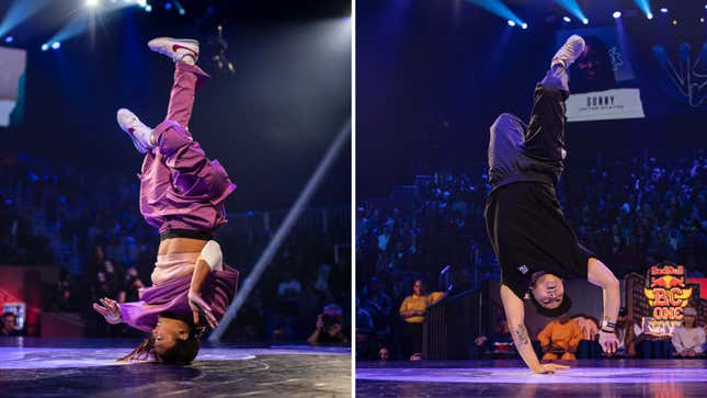 B-girls Logistx, left, and Sunny compete at the Red Bull BC One World Final at Hammerstein Ballroom in New York in November.
