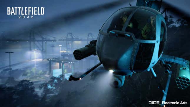 A screenshot of Battlefield 2042 showing a helicopter flying through the night sky. 
