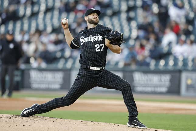 Apr 18, 2023; Chicago, Illinois, USA; Chicago White Sox starting pitcher Lucas Giolito (27) delivers against the Philadelphia Phillies during the first inning of game two of the doubleheader at Guaranteed Rate Field.