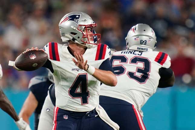 Aug 25, 2023; Nashville, Tennessee, USA; New England Patriots quarterback Bailey Zappe (4) throws a pass during the third quarter against the Tennessee Titans at Nissan Stadium.