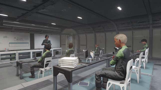 Çocuklar bir uzay gemisinde bir sınıfta oturuyorlar.