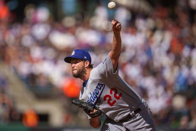 Jun 11, 2022; San Francisco, California, USA;  Los Angeles Dodgers starting pitcher Clayton Kershaw (22) delivers a pitch during the first inning against the San Francisco Giants at Oracle Park.