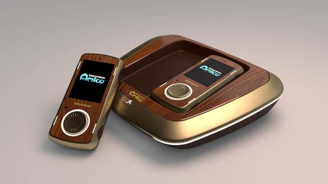 A picture of a brown colored Amico console. 