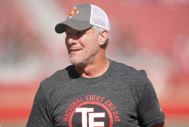 Former NFL quarterback Brett Favre wears a t-shirt that reads “National Tight End Day” prior to the start of an NFL game between the Carolina Panthers and San Francisco 49ers at Levi’s Stadium on October 27, 2019 in Santa Clara, California.