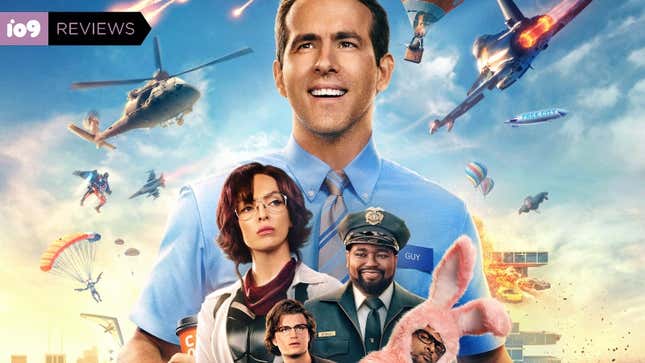 Ryan Reynolds looms large as all manner of things that fly swarm around him on a crop of the poster for Free Guy. Below him are Jodie Comer, Lil Rel Howery in a police uniform, Joe Keery, and Utkarsh Ambudkar in a pink bunny costume.