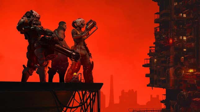 Three cyber-warriors look out over a red and black city. 