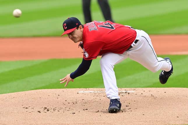 Apr 23, 2023; Cleveland, Ohio, USA; Cleveland Guardians pitcher Logan Allen (41) throws a pitch during the first inning against the Miami Marlins at Progressive Field.