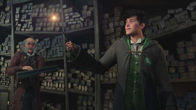 A Hogwarts student in Slytherin robs is seen picking out his wand.