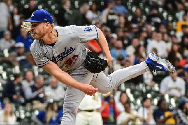 May 9, 2023; Milwaukee, Wisconsin, USA; Los Angeles Dodgers pitcher Noah Syndergaard (43) pitches in the first inning against the Milwaukee Brewers at American Family Field.