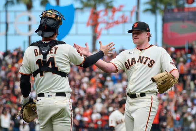 Jul 9, 2023; San Francisco, California, USA; San Francisco Giants pitcher Logan Webb (62) shakes hands with catcher Patrick Bailey (14) after the final out of the ninth inning against the Colorado Rockies at Oracle Park.