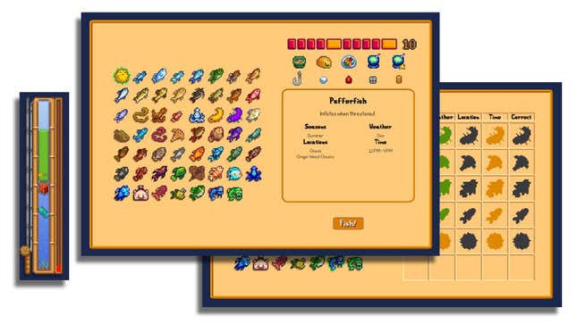 A screenshot shows a set of Stardew Valley fish and a Wordle-type guessing game in Pufferdle.