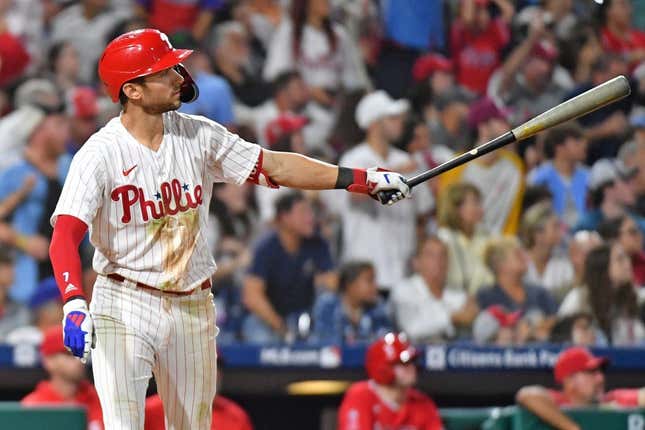 Aug 28, 2023; Philadelphia, Pennsylvania, USA; Philadelphia Phillies shortstop Trea Turner (7) watches his second home run of the game against the Los Angeles Angels during the fifth inning at Citizens Bank Park.