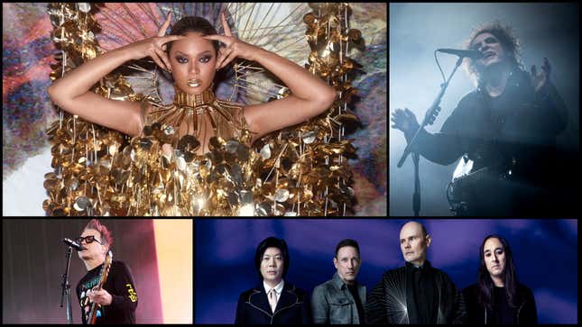 Clockwise from top left: Beyoncé (Photo: Parkwood Entertainment); Robert Smith of The Cure (Photo: Ian Gavan/Getty Images); Smashing Pumpkins (Photo: Paul Elledge); Mark Hoppus of Blink-182 performs during the 2023 Coachella Valley Music and Arts Festival on April 14, 2023 (Photo: Monica Schipper/Getty Images for Coachella)