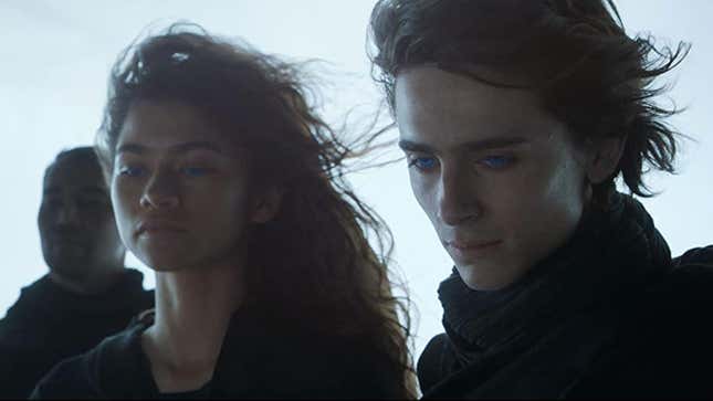 Zendaya's Chani and Timothée Chalamet Paul are windswept and wearing all black in Dune. 