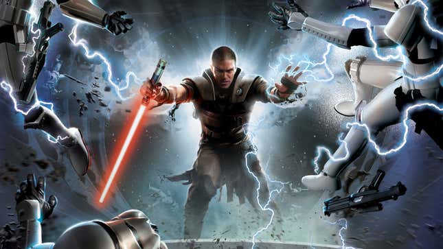 Starkiller blowing Stormtroopers away in key art for Star Wars: The Force Unleashed.