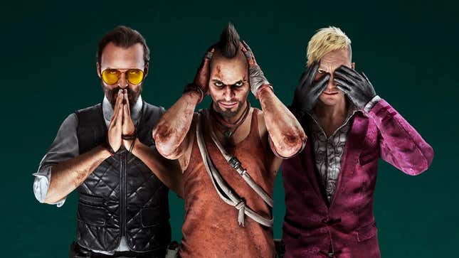 Past Far Cry villains cover their faces in horror. 