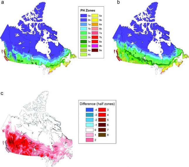 Canadian plant hardiness (PH) zone maps for (a) 1931–1960, (b) 1981–2010, and (c) the difference between those (1981–2010 minus 1931–1960).