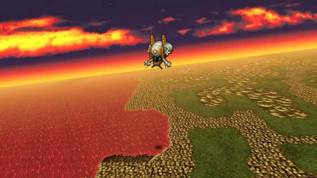 an airship in final fantasy vi with a sunset in the background