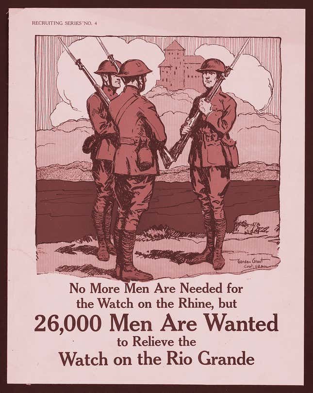 A US Army recruitment poster from 1917, seeking soldiers to patrol the Rio Grande region.