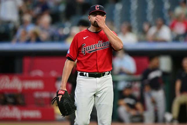 Sep 5, 2023; Cleveland, Ohio, USA; Cleveland Guardians relief pitcher Matt Moore (55) reacts after giving up a home run during the sixth inning against the Minnesota Twins at Progressive Field.