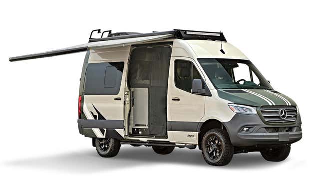A render of the Terrain van with its roof awning stretched out and side door open 