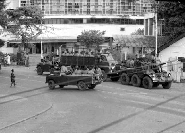Nigerian army patrols in Lagos, Nigeria, Feb. 9, 1966,