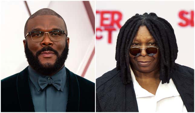 Tyler Perry attends the 93rd Annual Academy Awards on April 25, 2021 in Los Angeles, Calif.; Whoopi Goldberg poses at the premiere of Sister Act in the Fortis Circus theater in the Netherlands on March 3, 2013.