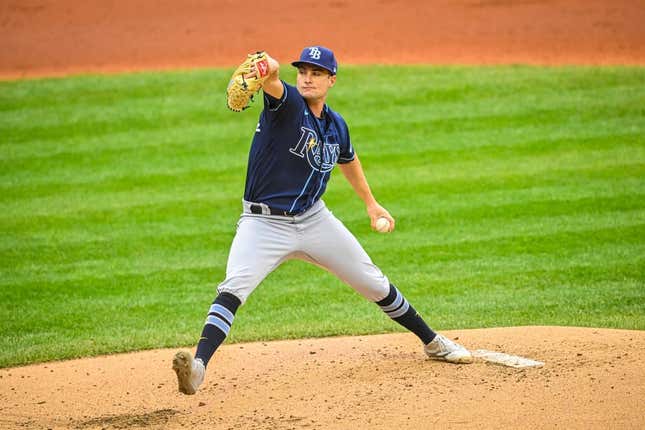 Oct 7, 2022; Cleveland, Ohio, USA; Tampa Bay Rays starting pitcher Shane McClanahan (18) throws a pitch against the Cleveland Guardians in the second inning during game one of the Wild Card series for the 2022 MLB Playoffs at Progressive Field.