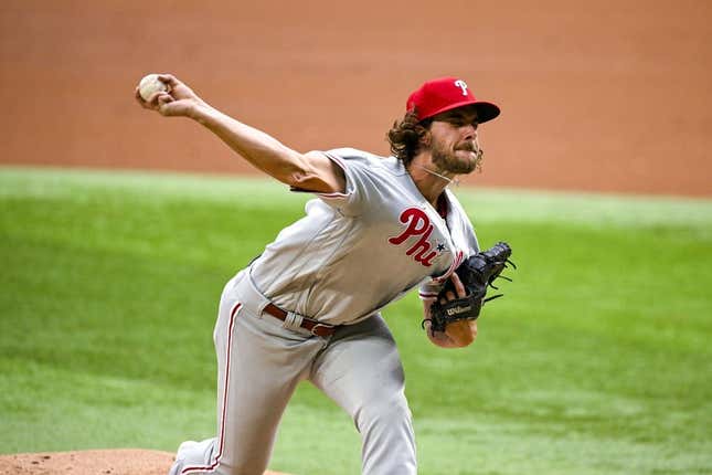 Mar 30, 2023; Arlington, Texas, USA; Philadelphia Phillies starting pitcher Aaron Nola (27) in action during the game between the Texas Rangers and the Philadelphia Phillies at Globe Life Field.