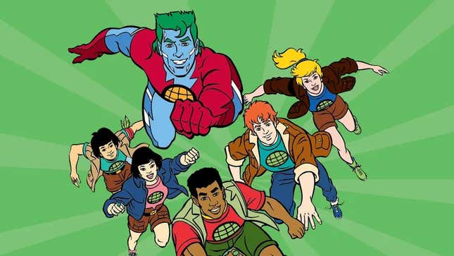 Captain Planet and the Planeteers smile and run (or in the Captain's case, fly) toward the viewer against a green background.