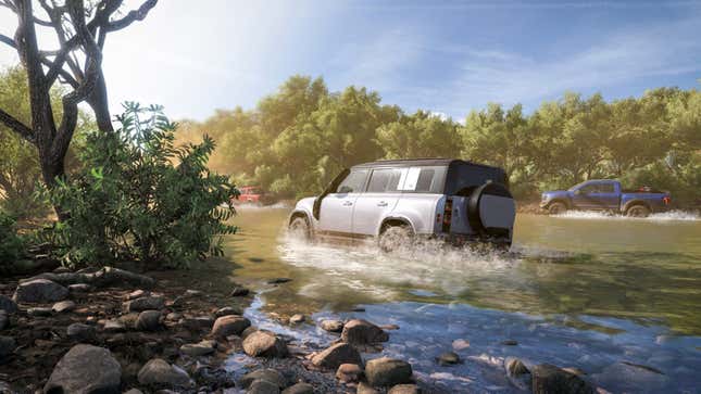 An image of Forza Horizon 5 depicting three cars speeding through a river.