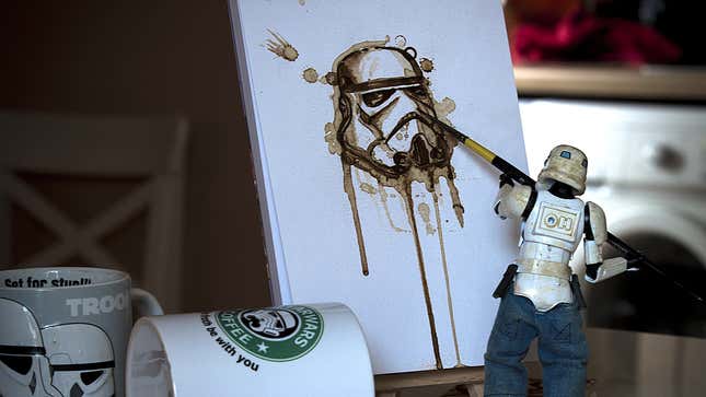 Toy Stormtrooper Eric paints a self-portrait of himself.