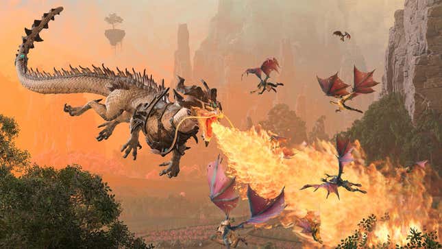A dragon breaths fire on a bunch of smaller dragons in Total War: Warhammer III.