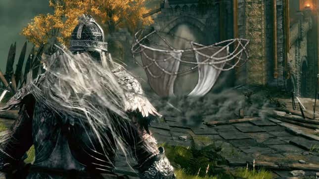 An image from Elden Ring depicting a Tarnished staring at a Fia's Deathbed Smalls, a pair of black panties FromSoftware reported removed from the final build.