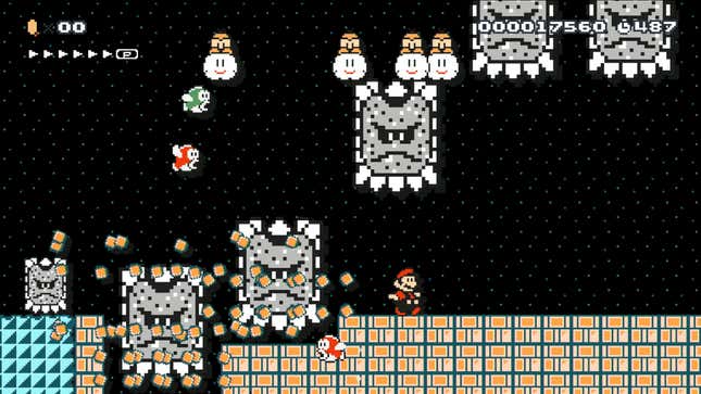 A Super Mario Maker image showing Mario running away from perilous danger. While not MarioGPT, the text-to-level tool does the same thing as Super Mario Maker.