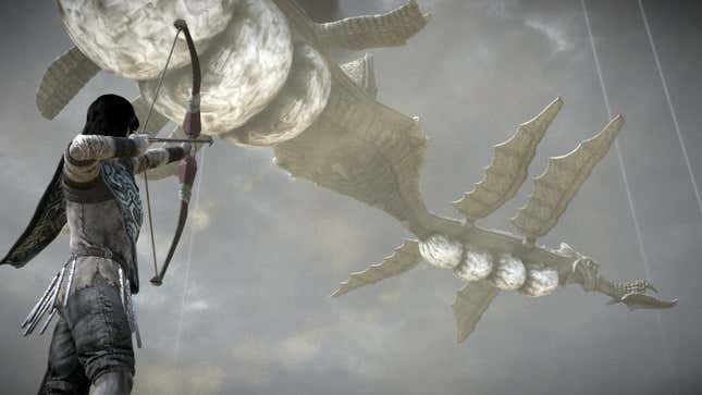 An image from Shadow of the Colossus depicting protagonist Wander firing an arrow at a bone sky dragon