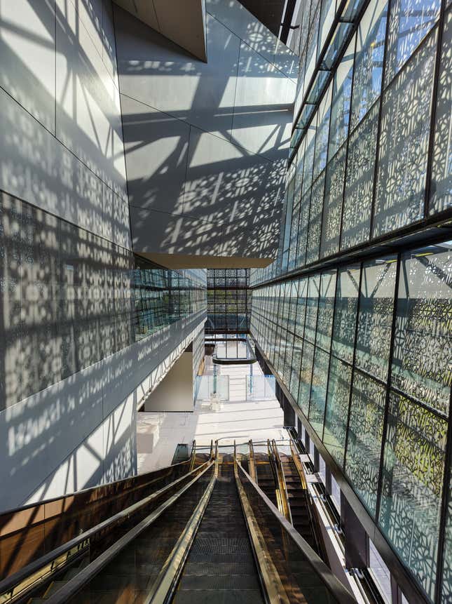 The museum’s 3,600 latticework aluminum panels creating some interesting shadows.