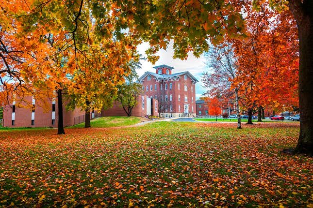 Fall at Lincoln College, Lincoln, Illinois, showing University Hall.